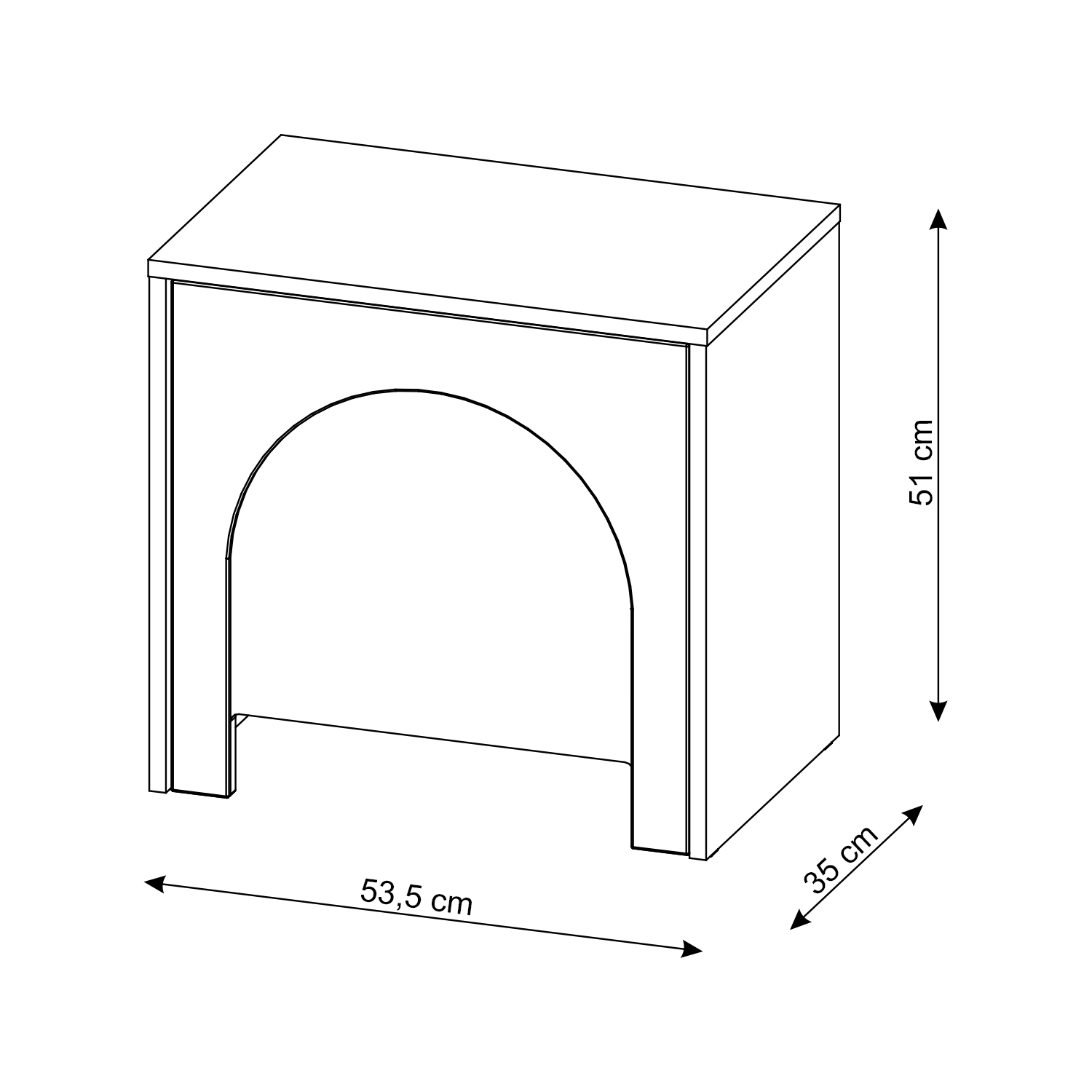Grafik mit den genauen Maßen 54x51x35 cm des modernen schwarzen Nachtschranks.