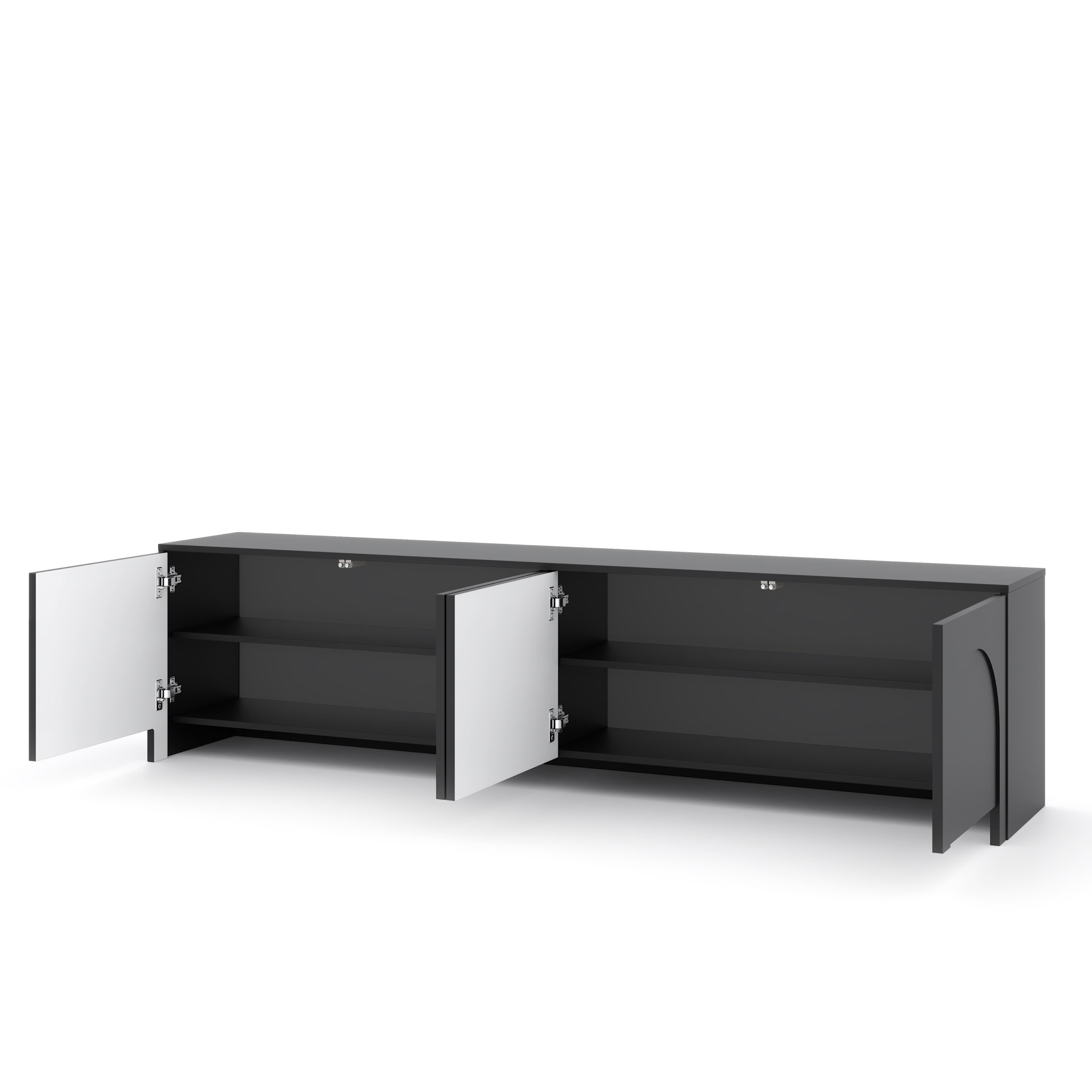 Geöffnete Türen der schwarzen TV-Kommode zeigen geräumige Fächer für Geräte und Kabel.