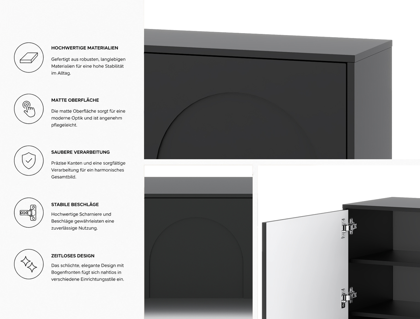 Schwarz mattes TV-Lowboard Vento mit vier Türen in einem modernen Wohnzimmer.