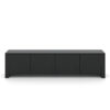 Minimalistisches schwarzes Lowboard ohne Griffe, Frontansicht.