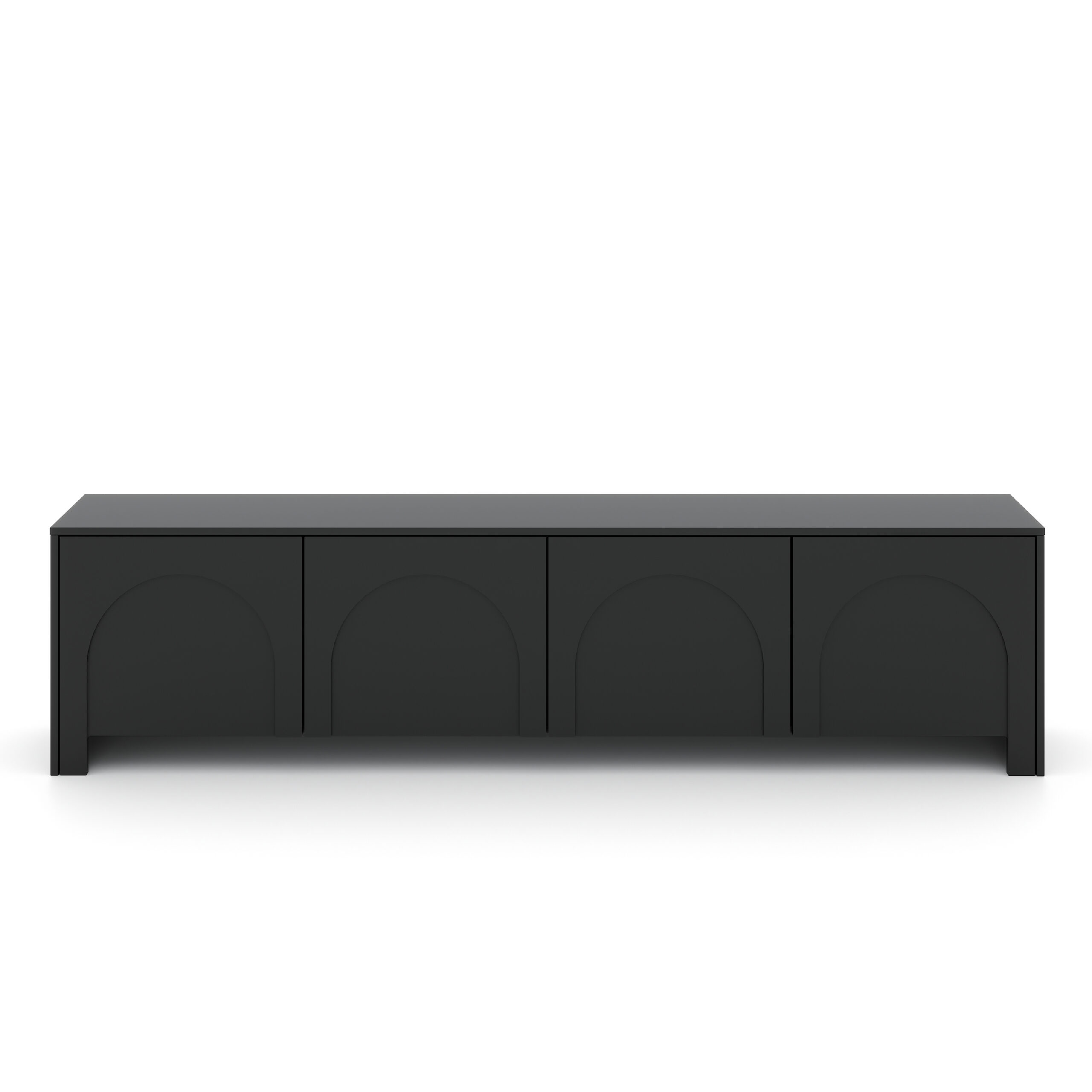 Minimalistisches schwarzes Lowboard ohne Griffe, Frontansicht.