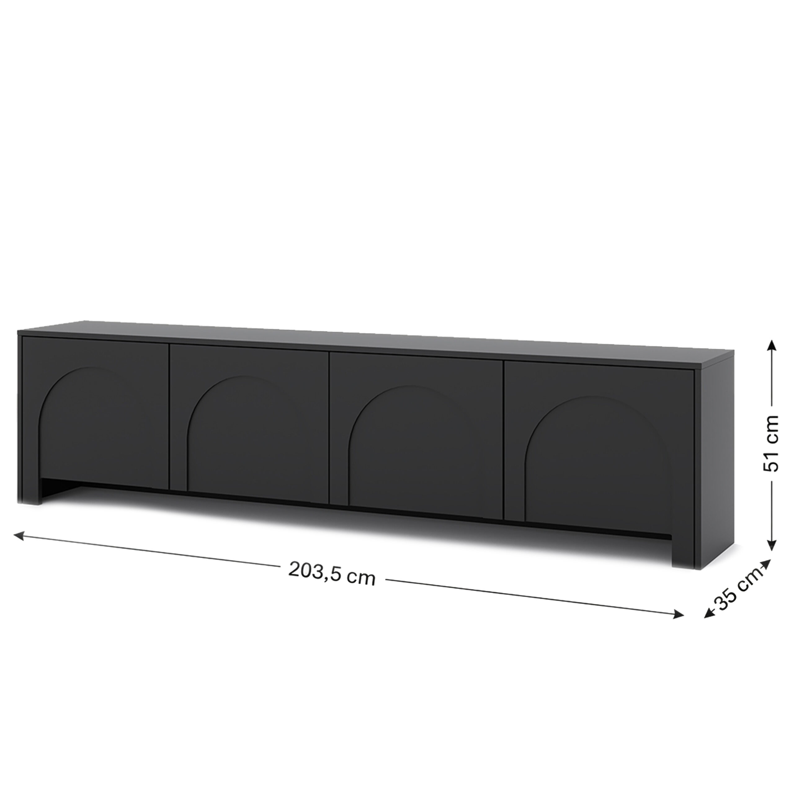 Maßgrafik des schwarzen TV-Lowboards Vento: 203,5 cm breit, 51 cm hoch und 35 cm tief.
