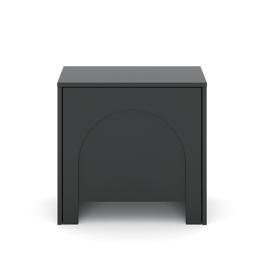 Schwarzer Nachtschrank mit gefräster Front, der perfekt in ein Schlafzimmer im Loft- oder Glamour-Stil passt.