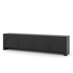 TV-Lowboard Vento Schwarz Matt arrangiert mit modernen Multimedia-Geräten.