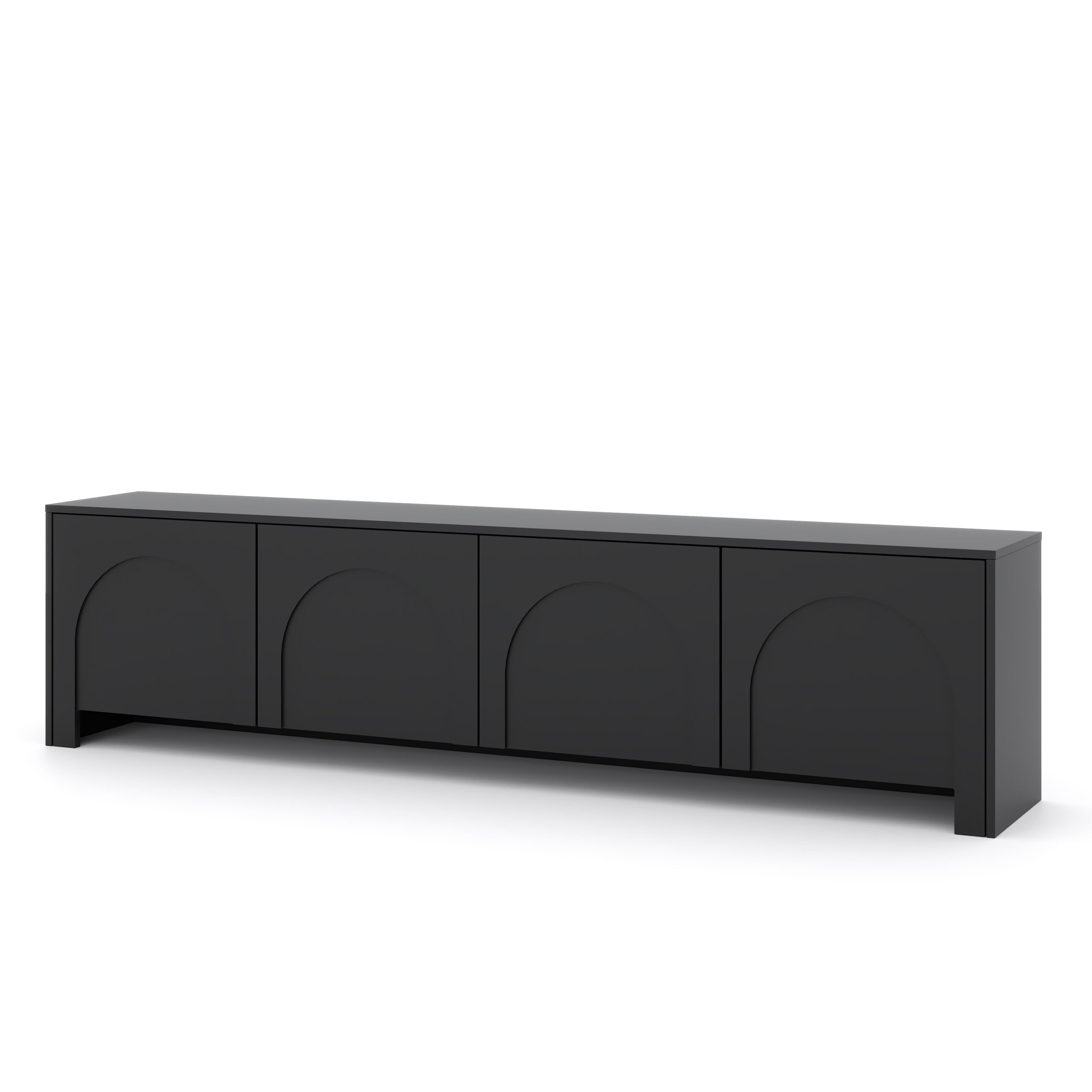 TV-Lowboard Vento Schwarz Matt arrangiert mit modernen Multimedia-Geräten.