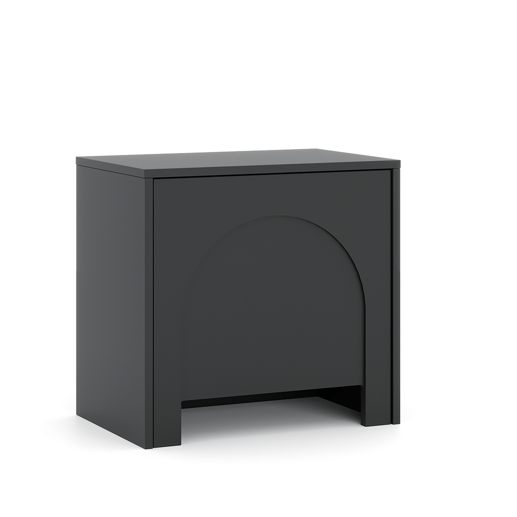 Detailaufnahme der matten Struktur der MDF-Front bei dem eleganten schwarzen Nachttisch.