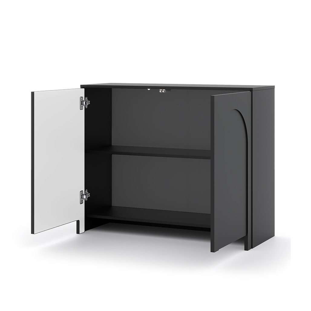 Nahaufnahme der gefrästen Bogenfront am Sideboard Vento in elegantem Schwarz Matt.
