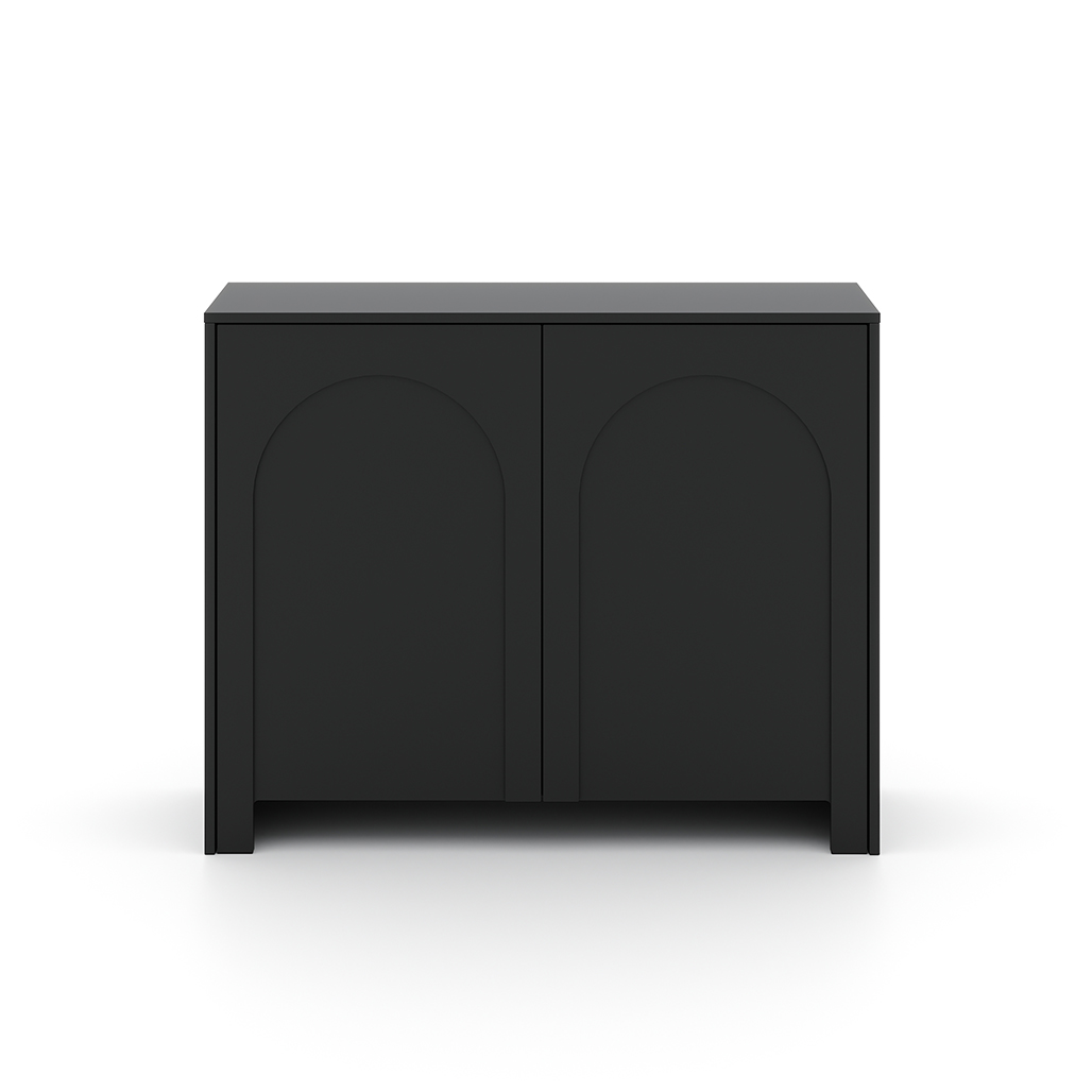 Detailaufnahme des grifflosen Push-to-Open-Systems am schwarzen Sideboard Vento.