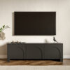 Nahaufnahme der eleganten Bogenfront des mattschwarzen TV Boards Vento.