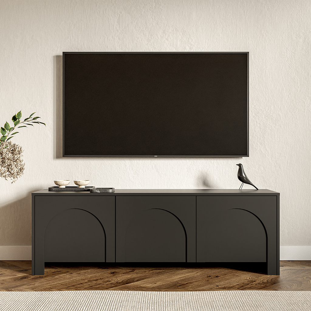 Nahaufnahme der eleganten Bogenfront des mattschwarzen TV Boards Vento.