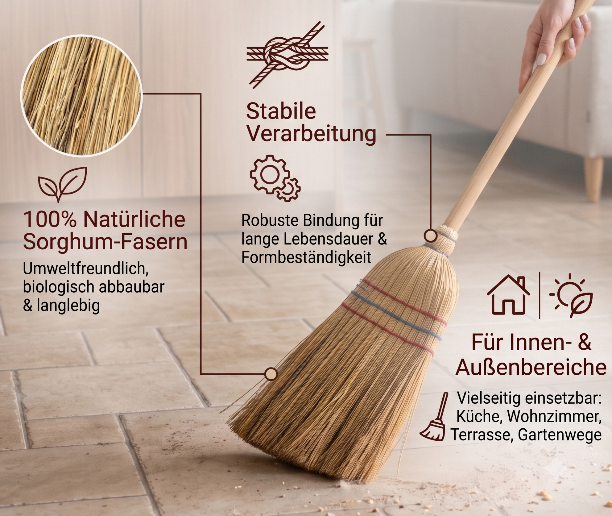 Naturstrohbesen 100 cm im Außeneinsatz beim Reinigen eines Gehwegs