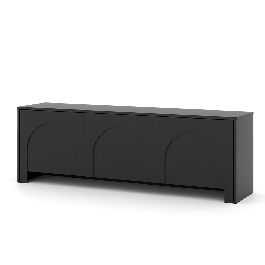 Seitenansicht des modernen 153 cm breiten TV Lowboards Vento in mattem Schwarz.