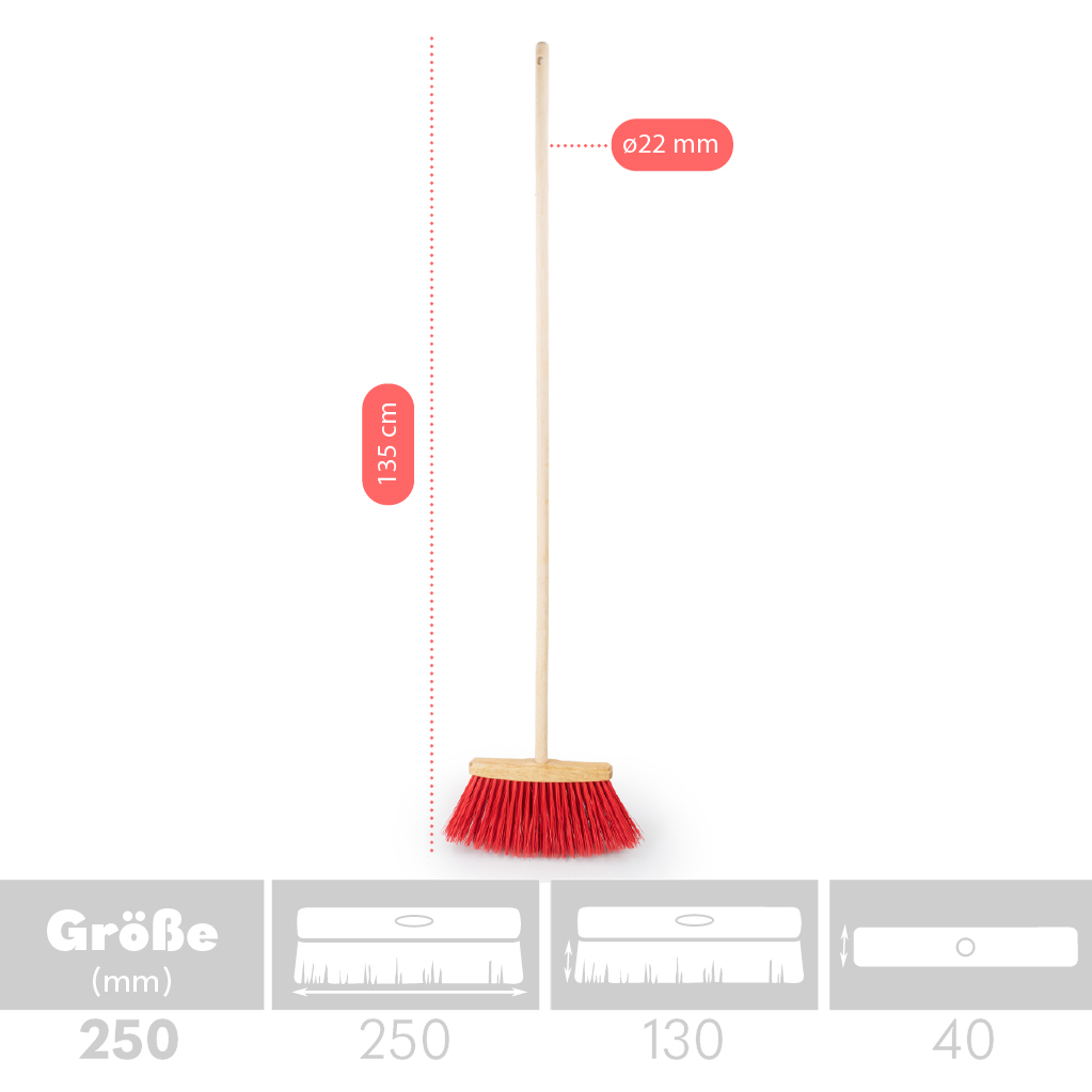 Infografik der Maße: Straßenbesen Arbeitsbreite 250 mm, Borstenlänge 130 mm und 120 cm Stiel