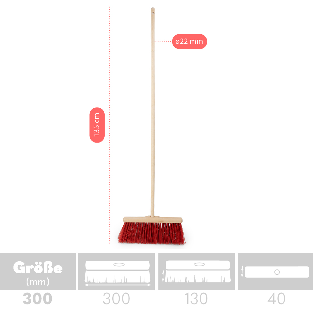 Infografik der Maße: Straßenbesen Arbeitsbreite 300 mm, Borstenlänge 130 mm und 120 cm Stiel