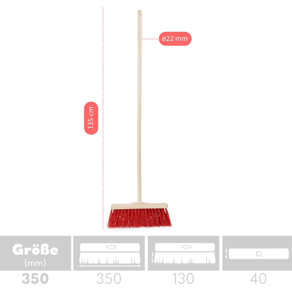 Infografik der Maße: Straßenbesen Arbeitsbreite 350 mm, Borstenlänge 130 mm und 120 cm Stiel