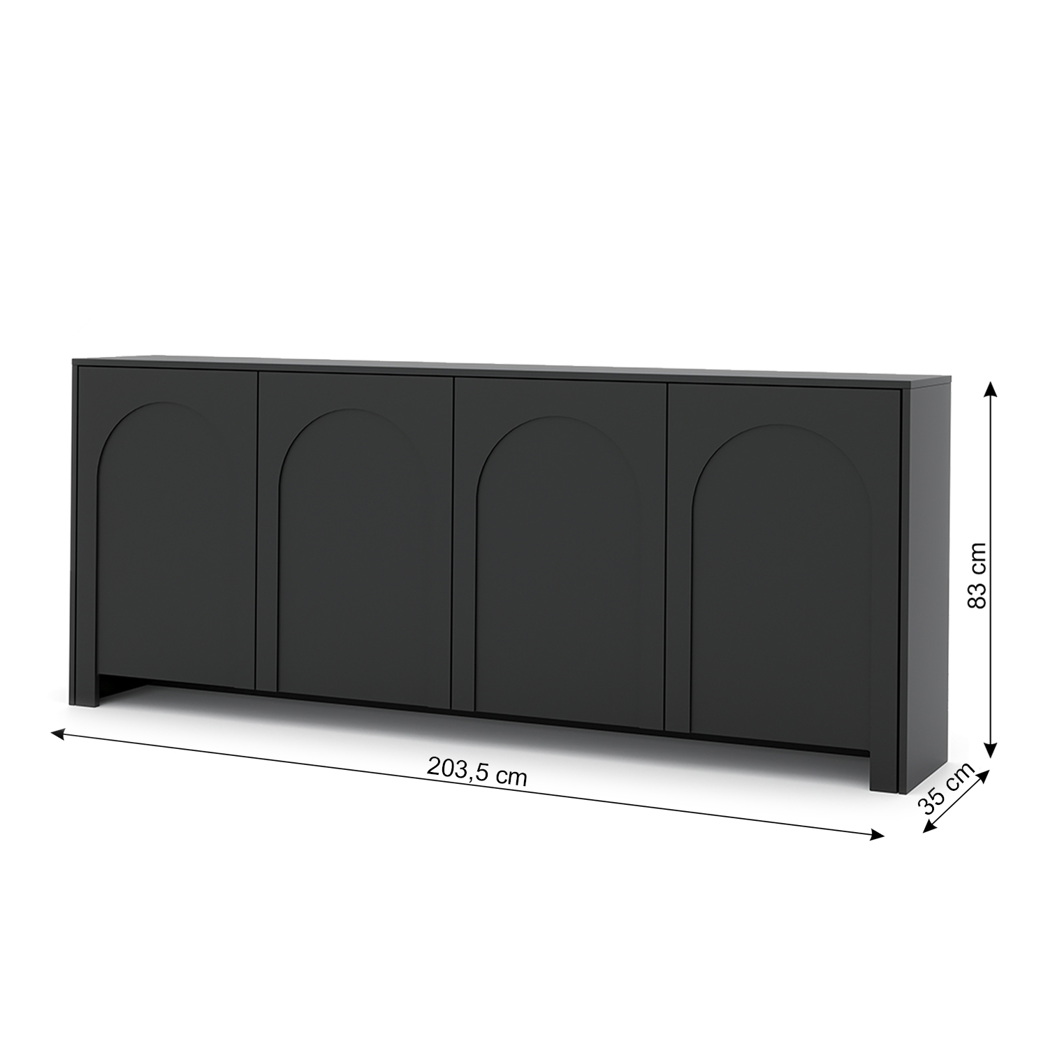 Abmessungen der schwarzen Kommode Vento: 203,5 cm Breite, 83 cm Höhe und 35 cm Tiefe.