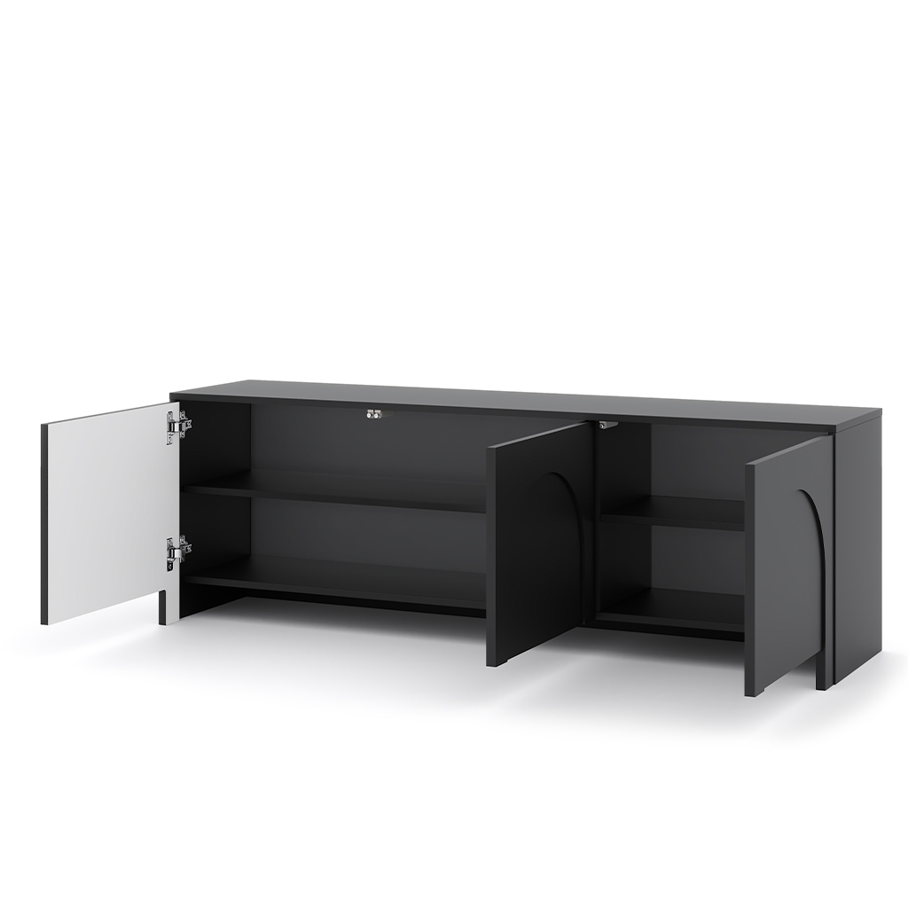 Detailansicht des grifflosen Push-to-Open-Systems am schwarzen TV Schrank.