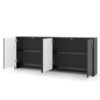 Schwarzes Sideboard Vento mit vier geöffneten Türen zeigt den großzügigen Stauraum.