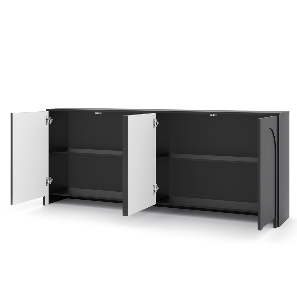 Schwarzes Sideboard Vento mit vier geöffneten Türen zeigt den großzügigen Stauraum.