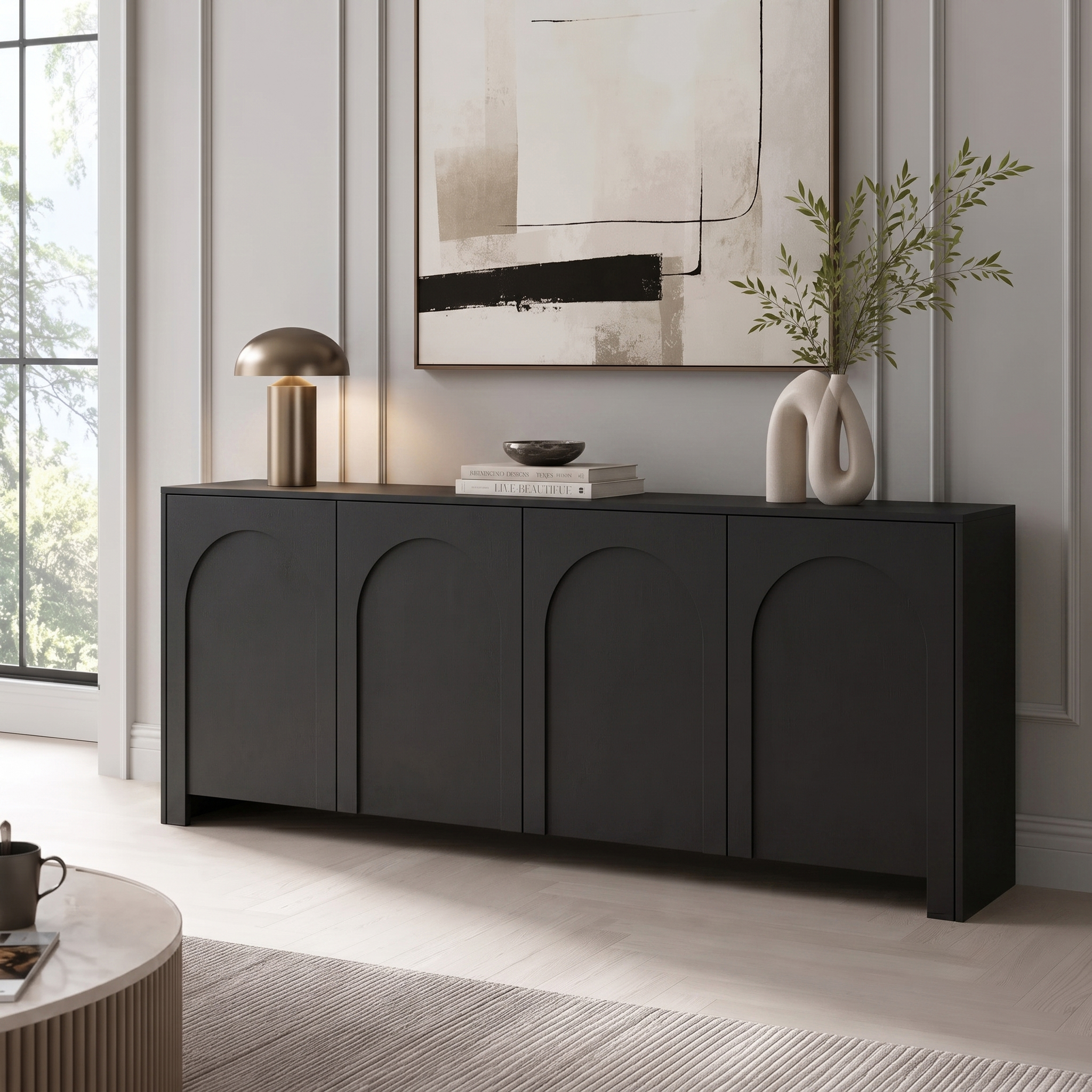 Sideboard Vento Schwarz mit 4 Türen und Bogenfront