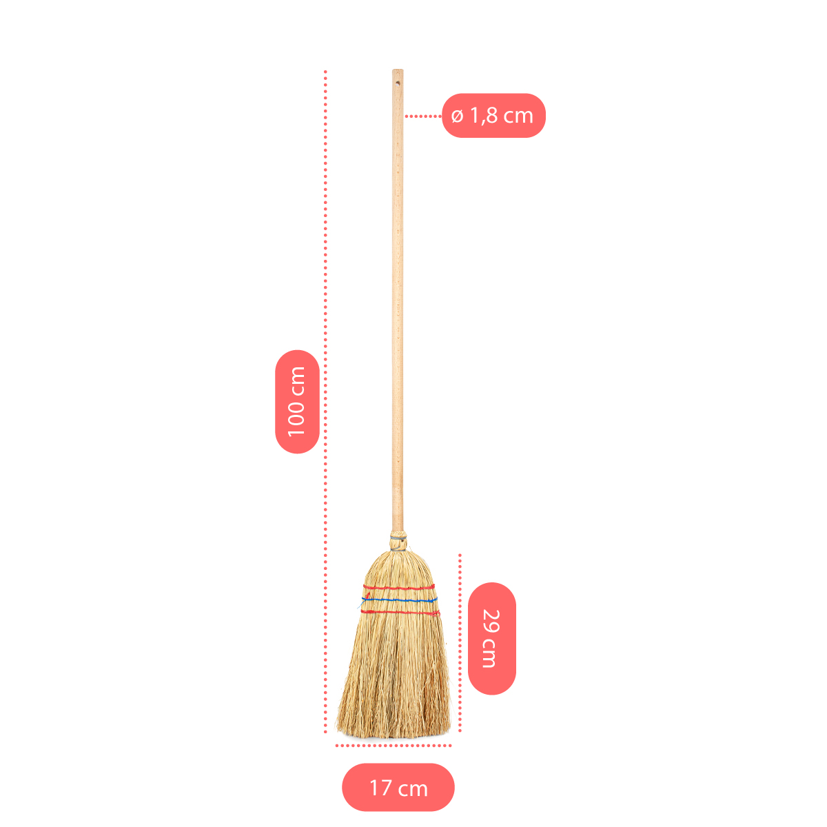 Infografik der Maße: Sorghumbesen Gesamtlänge 100 cm, Stiellänge 71 cm, Arbeitsbreite 17 cm