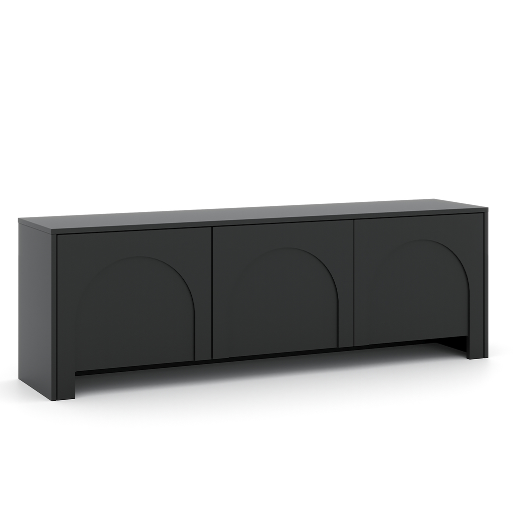 Draufsicht auf den schwarzen TV Schrank zur Veranschaulichung der schmalen 35 cm Tiefe.