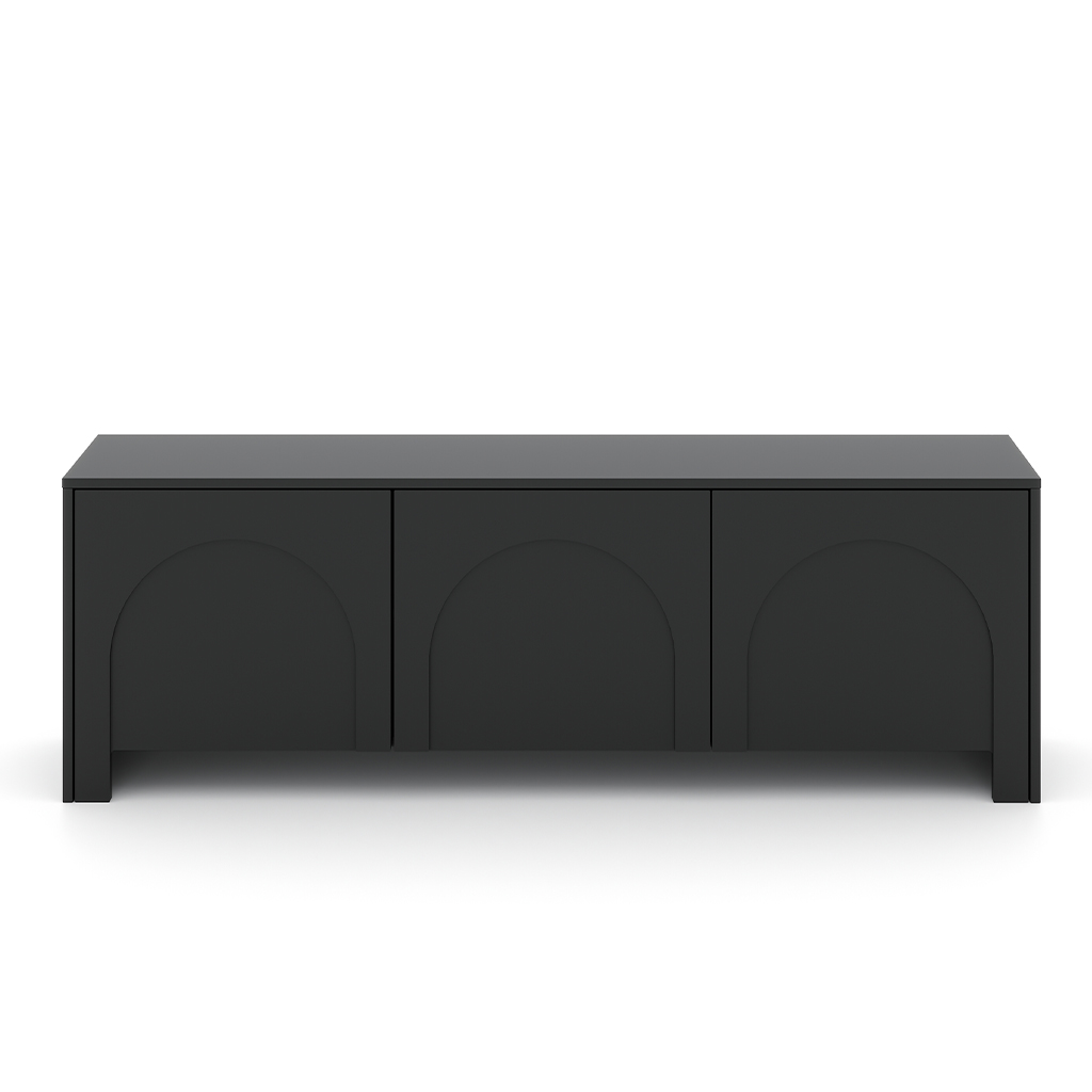 TV Lowboard Vento in Schwarz matt mit dekorativer Bogenfront, Frontansicht.