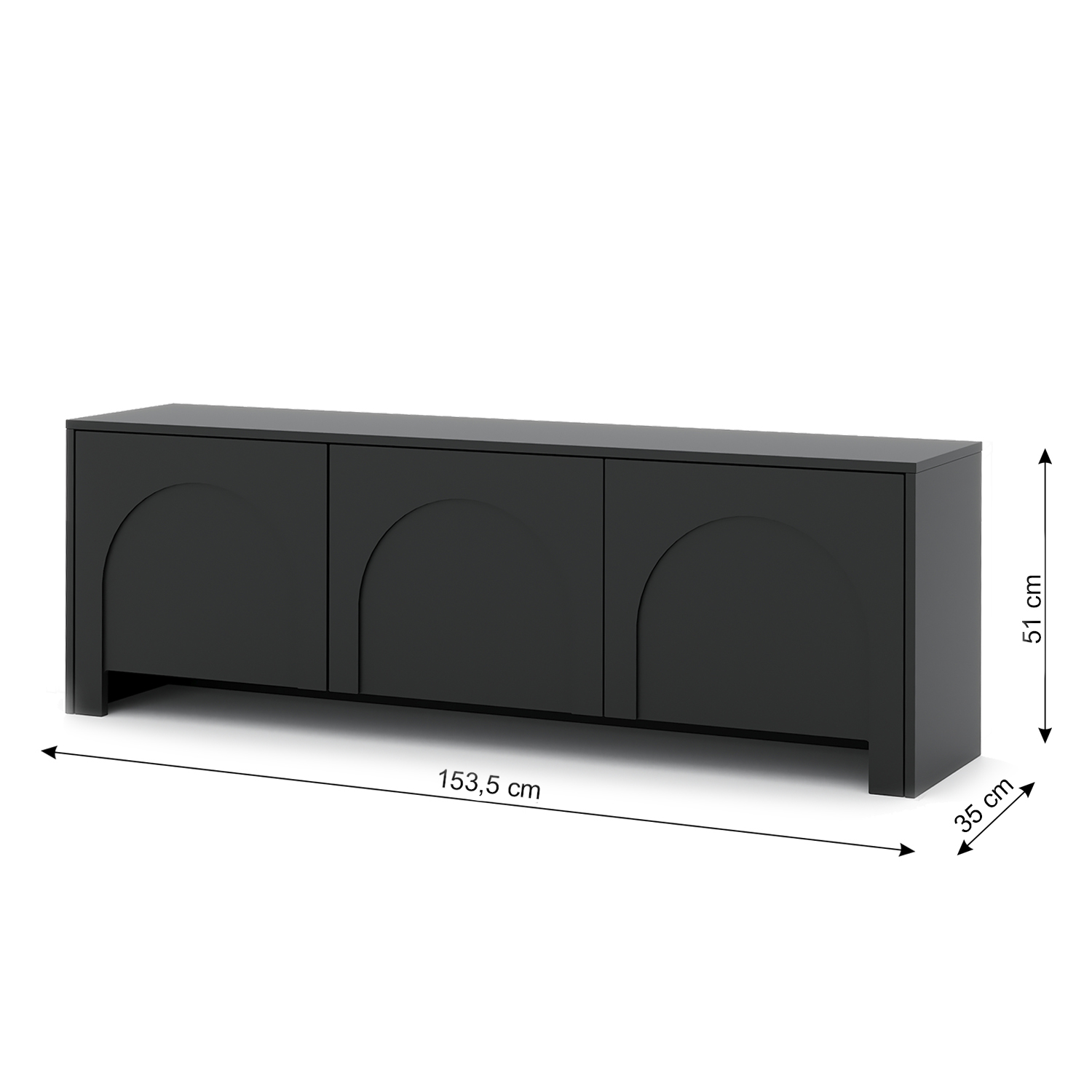 Abmessungen des TV Schranks Vento: 153,5 cm Breite, 51 cm Höhe und 35 cm Tiefe.
